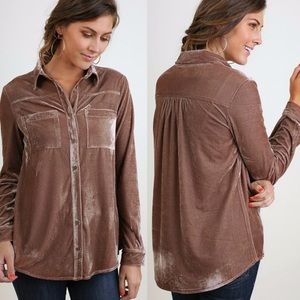 Umgee crushed velvet button up shirt in almond